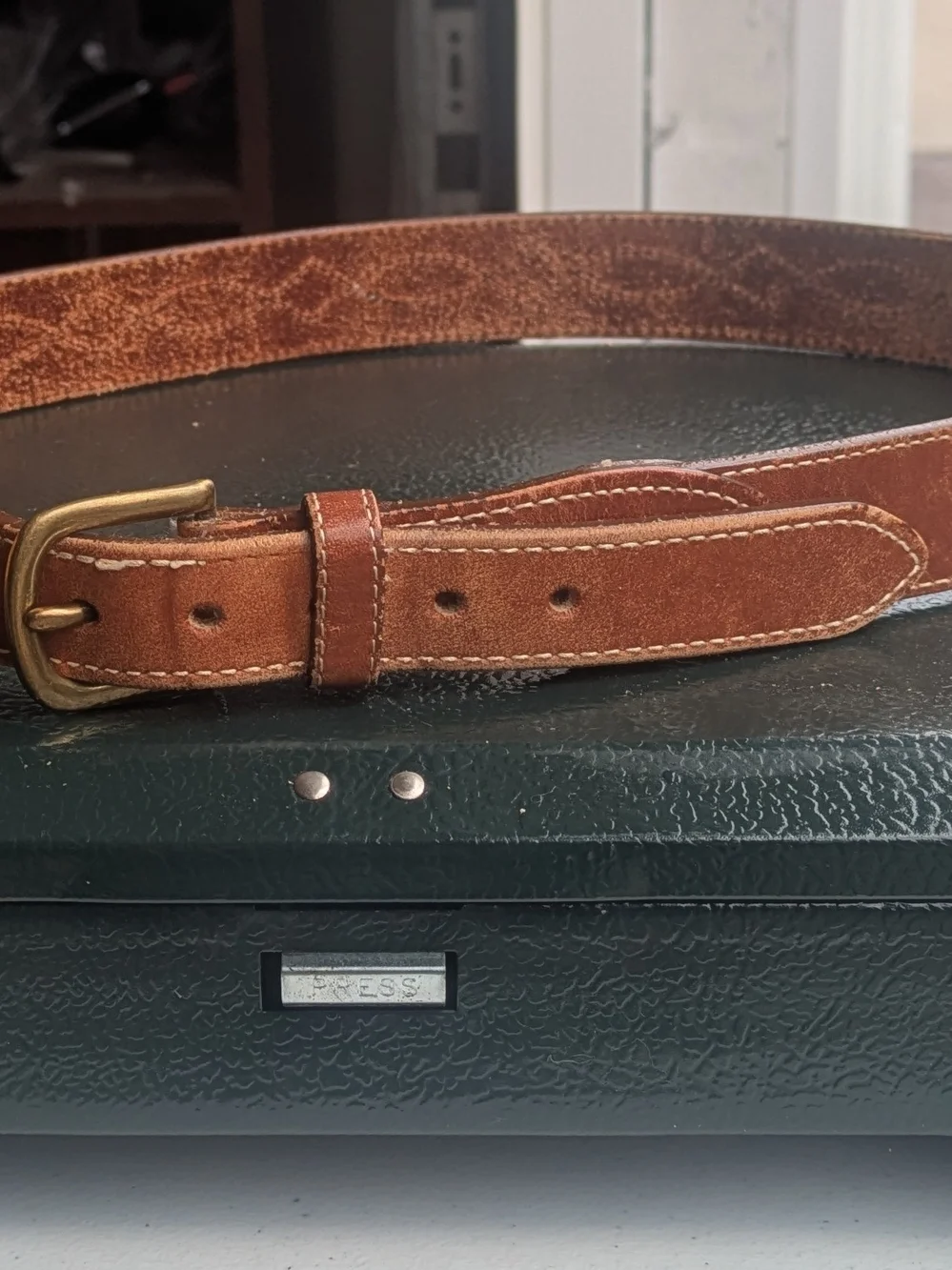 Lands' End Suede Leather Belt with Brass Buckle - Chestnut Brown Size 34